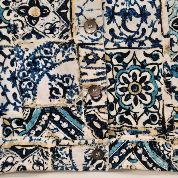 Chico's Size 2 Button Up Blazer Jacket Blue White Medallion 3/4 Sleeve Sz L Arts - Picture 6 of 14